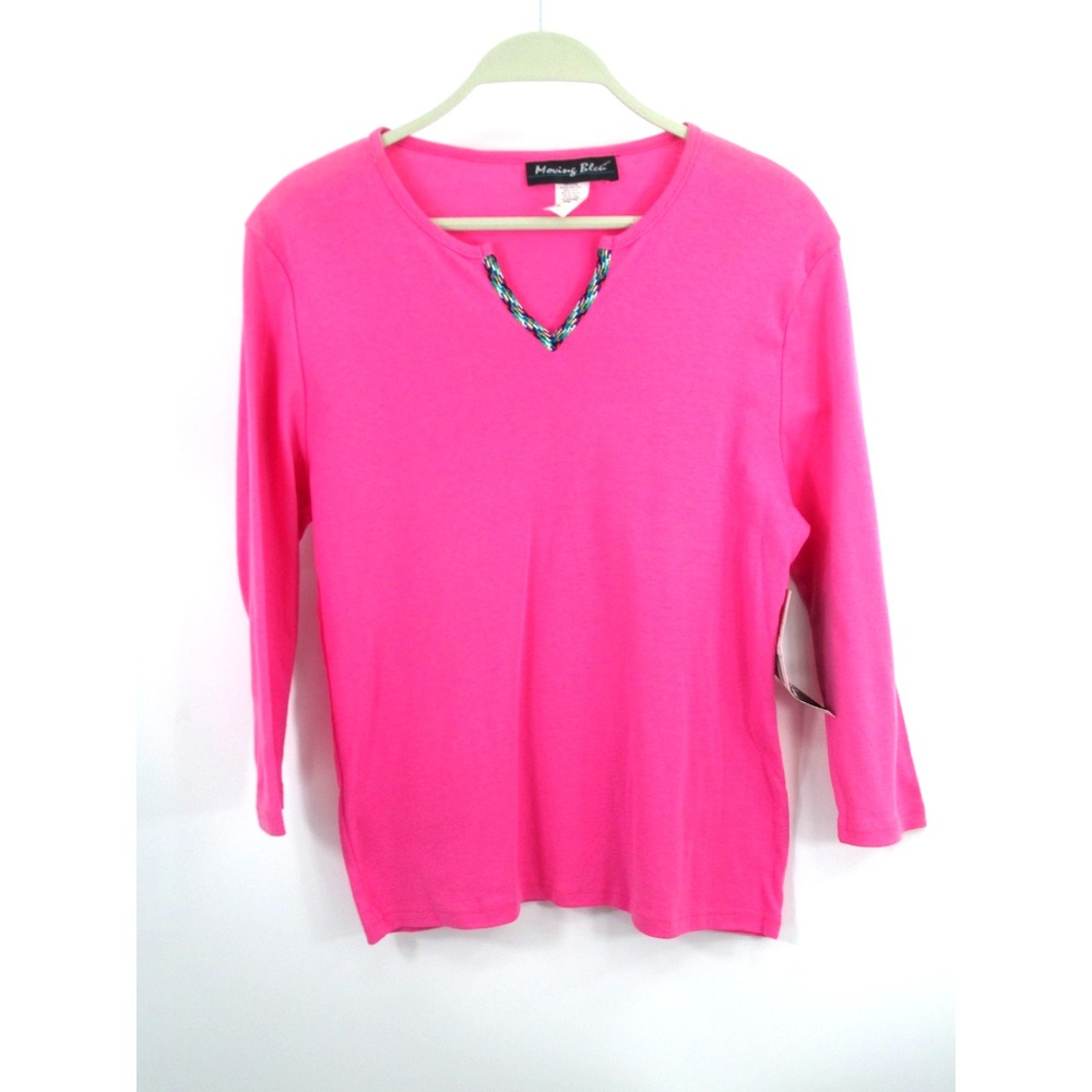 Moving Bleu Pink V-Neck Knit Pullover Top Women Medium 3/4 Sleeve 74799 Vintage